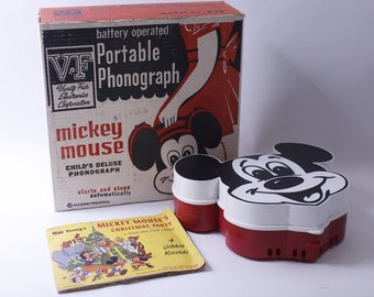 Works! Mickey Mouse Portable Phonograph, Model B20, Vanity Fair, Battery Operated, with Storybook, Rare Find, ~ 240111-WH 643
