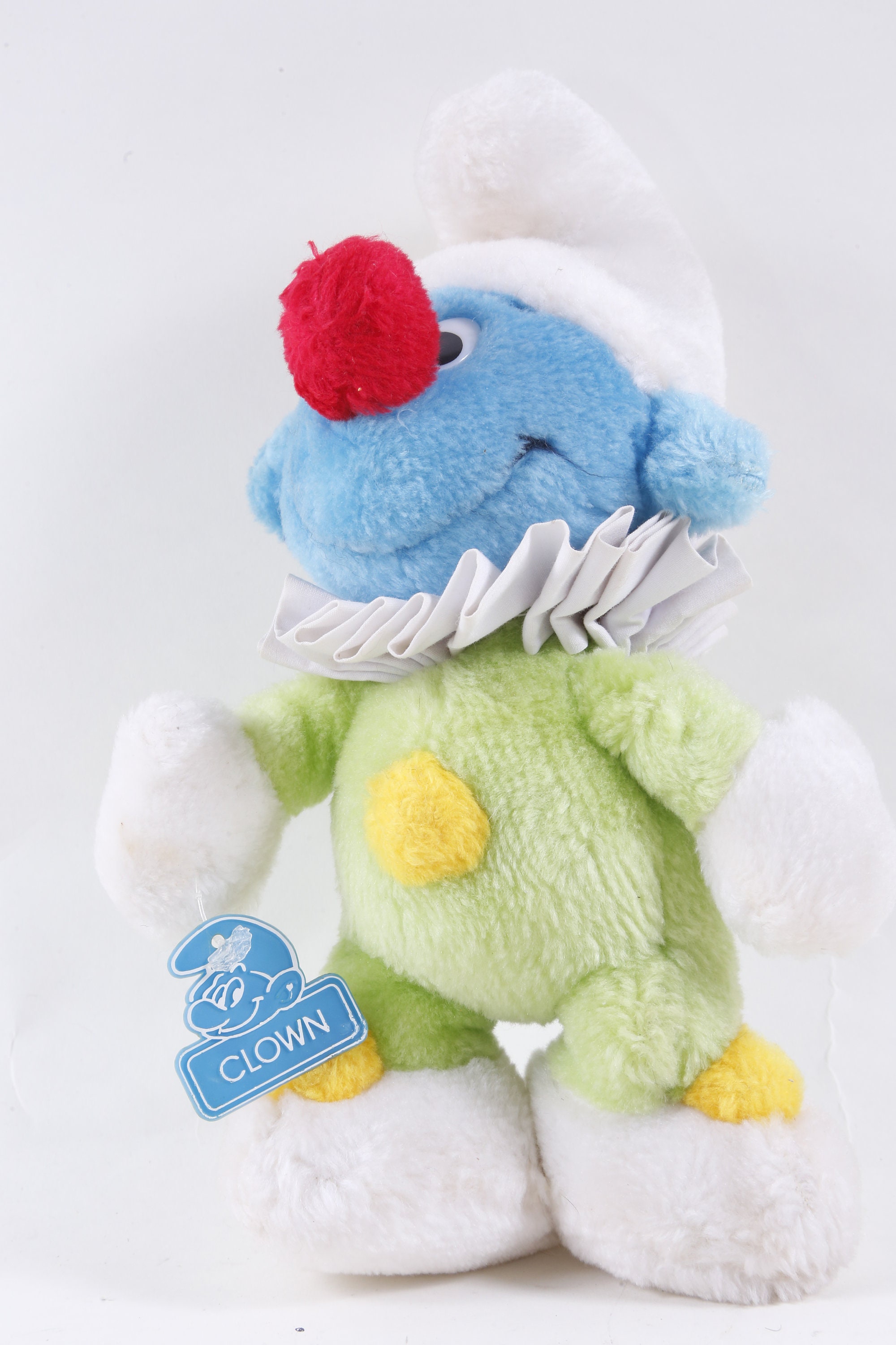 Smurf, Clown, Soft, Plush, Doll, Toy, Green White Costume, Red Nose, Peyo, Children, Vintage, Collection ~ 20-01-946