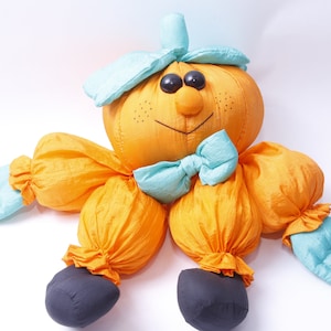 Halloween, Pumpkin, Funny, Plush, Soft, Toy, Figure, Orange Blue, Bow Tie, Vintage Plush, Stuffed Animal ~ 20-01-983