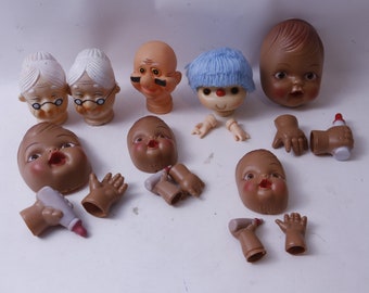 Doll Heads, Faces, Hands, Set, Baby, Grandmother, Clown, Doll Making, Accessory, Toy, Vintage, Collectible, ~ M-25-11