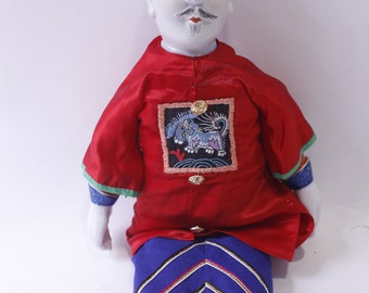 Vintage Porcelain Chinese Male Doll wearing Red Blue Traditional Clothing, 15" Figure, Art Doll, Collectible, ~ 240326-WH M-15-09