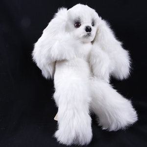 May include: A plush white poodle dog toy with long, fluffy fur. The toy has a black nose, dark eyes, and long, floppy ears. The poodle is posed against a black background.