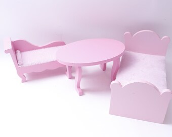 Barbie Pink, Wooden, Toy Dollhouse Furniture, Bed, Oval Table, Playset Parts, Accessory, Toy, Vintage, Collectible, ~ 20-01-976
