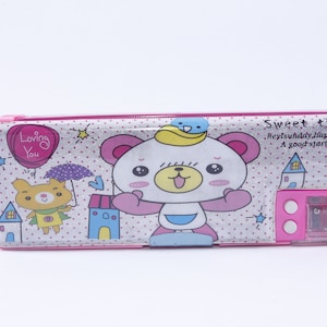 Estuche para lápices de color rosa y blanco con forma de panda, estuche para bolígrafos, osos, personajes de dibujos animados, cierre magnético, momento agradable, escuela, vintage, accesorio para fotos ~ 20-01-156