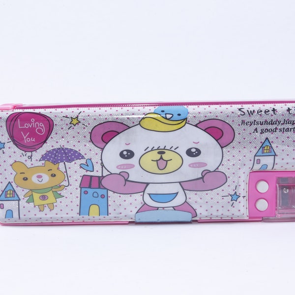 Pink White, Panda Pencil Case, Pen Case, Bears, Cartoon Characters, Magnet Lock, Sweet Time, School, Vintage,  Photo Prop ~ 20-01-156