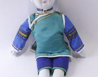 Vintage Porcelain Chinese Female Doll wearing Green-Blue Traditional Clothing, 14" Figure, Art Doll, Collectible, ~ 240326-WH M-17-03