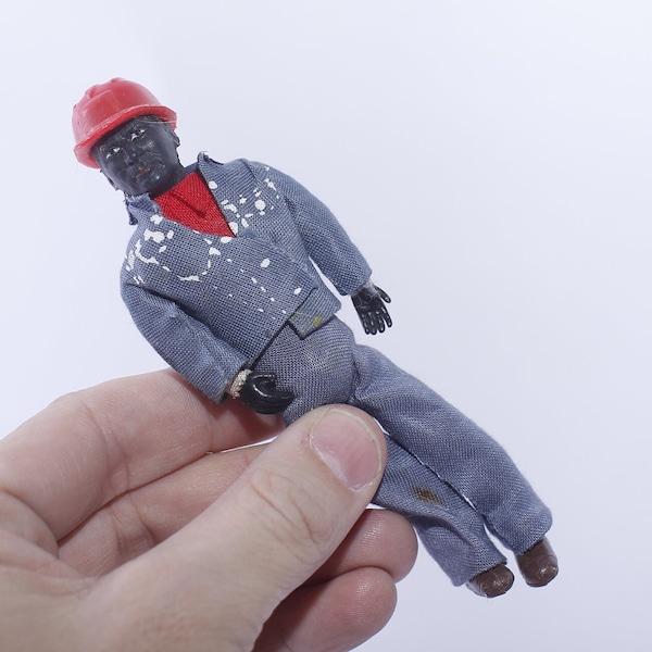 Sears, Construction Crew, African American, Worker, Action Figure, 5", Blue Uniform, Red Helmet, Rare, 1970s, Collectible, ~ 240107-WH 726