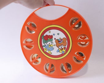 Vintage Spielzeug Tambourine, Weiß-Orange, Musikinstrument, Kinder, Verspielt, Sammlerstück, ~ 240326-WH 891