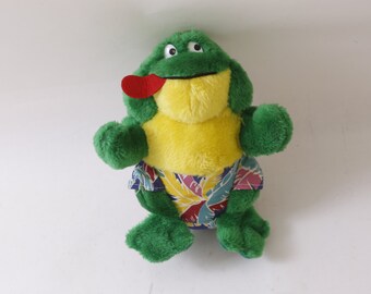 80年代のカエル、緑、黄色、カラフルなパンツ、ビンテージぬいぐるみ