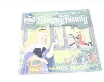 Walt Disney, Sleeping Beauty, Book and Record, 1977, Vintage, Picture Book, Illustrations, Child Reading, Nursery Library ~ 20-01-758 AA