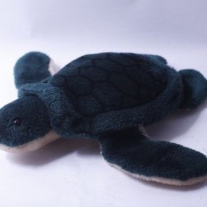 May include: A plush toy turtle with a dark green shell and a light green body. The turtle has a white belly and black eyes.