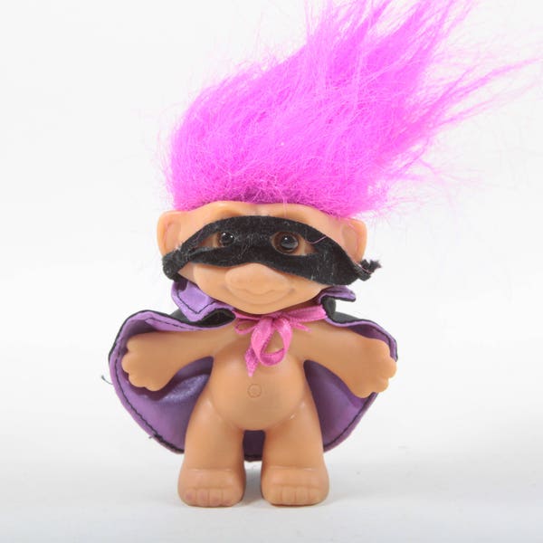 Russ Superhero Troll Pink Hair Face Mask Purple Cape Vintage Good Luck Troll Small Toy Plastic, Figure ~ The Pink Room ~ 20-01-517