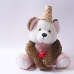 Hallmark Cards, Ice Cream, Bear, Cherry, 1990s, Pink Medium Plush, Vintage, Soft, Toy, Stuffed Animal, 250401-WH 158