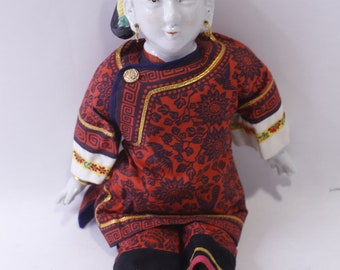 Vintage Chinese Porcelain Doll in Traditional Red Floral Costume, 14" Figure, Art Doll, Decorative, ~ 240326-WH 891