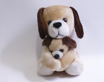 Mother Dog Hugging a Puppy, 8", Soft Toy, Light Brown, Love, Family, Stuffed Animal, Nursery, Children, Vintage, ~ 230601-GWB 359