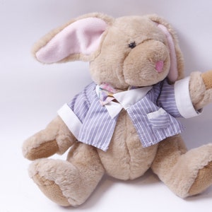 Brown, Rabbit, Bunny, Dressed, Plush, Soft, Toy, Figure, Purple Shirt, Movable Limbs, Vintage Plush, Stuffed Animal ~ 20-01-50