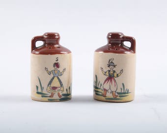 Salt And Pepper Shakers Vintage Shaped like Old Ceramic Bottles Boy Girl Ethnic Traditional Costumes Brown Kitchen ~ The Pink Room 349