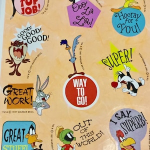 Loony Tunes Encouragement Student Teacher Single Sticker Squares 1990&#39;s Sticker Collecting Hallmark Craft ~ 20-01-19