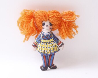 Raggedy Anne Tygdocka, Handgjord, Orange Hår, 11,5 cm, Mjuk Kropp, Figur, Leksak, Samlarobjekt, Vintage, ~MISC-006 307