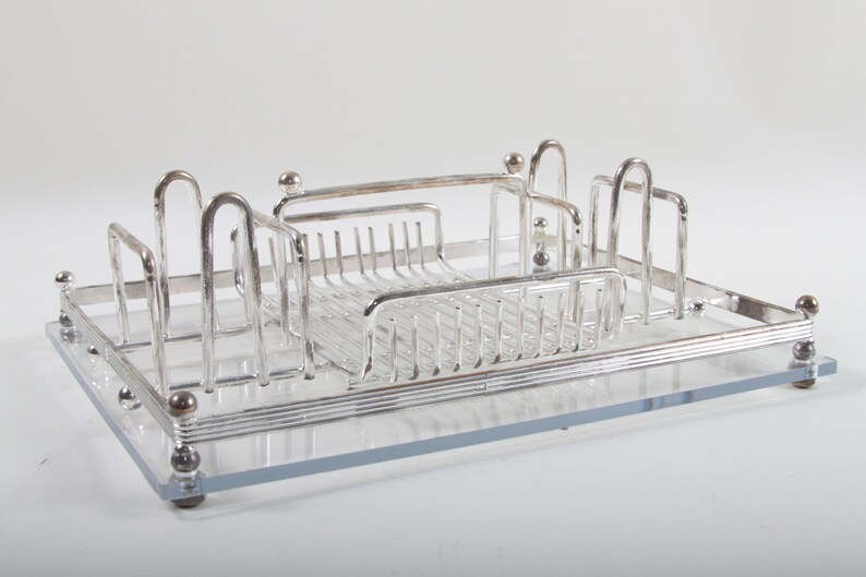 Lucite Desk Organizer Metal Frame Glass Rectangular Base Silver Tone Holder Storage Vintage 170723 170405
