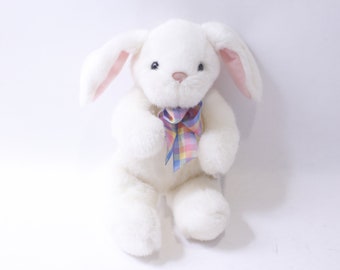 Cute White Plush Bunny with Checkered Bow Collar, Hallmark, Easter Rabbit, Stuffed Animal, ~ 240214-WH 848