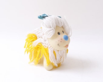 Fluppy Dog, Puppy, Squeeze Toy, Yarn Haired, White, Yellow, Blue Bow, 3", Miniature, Figure, Baby Toy, Collectible, Vintage, ~MISC-006 307