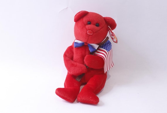 TY Original Beanie Babies, Thomas, Red Teddy Bear Holding the US