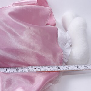 Peut inclure: Une robe en satin rose avec une bordure en dentelle blanche et une queue en fourrure blanche. La robe est mesur&eacute;e avec une r&egrave;gle, montrant une longueur de 50,8 cm.