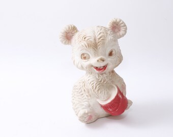 60s, Teddy Bear, White, Honey, Squeaky, Squeeze Toy, Rubber, PVC Figure, 5.5", Animal, Toy, Collectible, Vintage, ~M-19-09