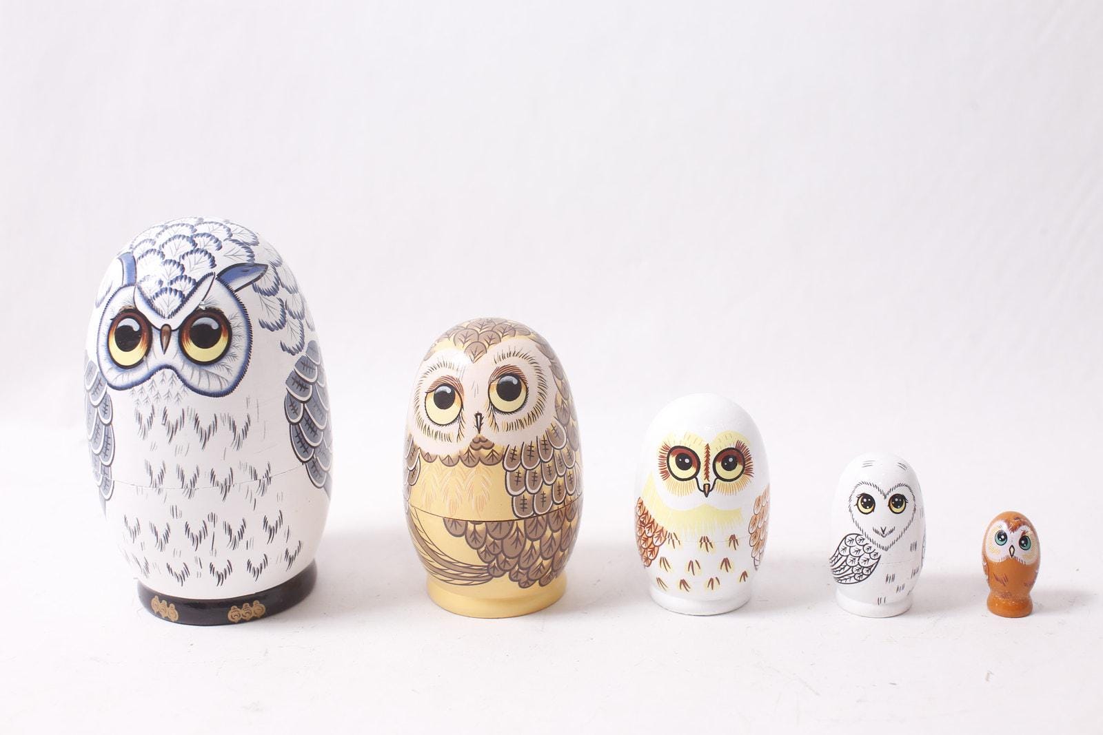Vintage Owl Stacking Figurines Collectible Nesting Russian Matryoshka-style Toy ~ 260425-WH M-05-04