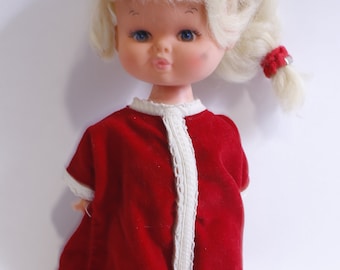 1960s, Doll in Red Dress, 9", Blonde, Long Hair, Christmas Dress, Poseable, Retro, Toy, Fashion, Vintage, Collectible, ~ 230603-DISV 1294