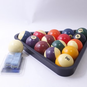 Puede incluir: Un estante triangular negro con 15 bolas de billar, incluyendo una bola blanca, y un paquete de tiza azul.