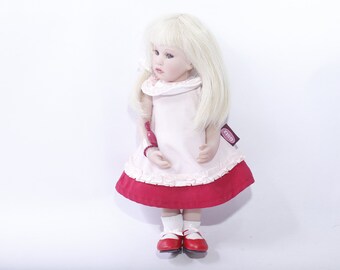 Gotz Doll, Blonde Girl in Pink Red Dress and Red Shoes, 10", Poseable, Vintage, Collectible, ~ 240107-WH 728