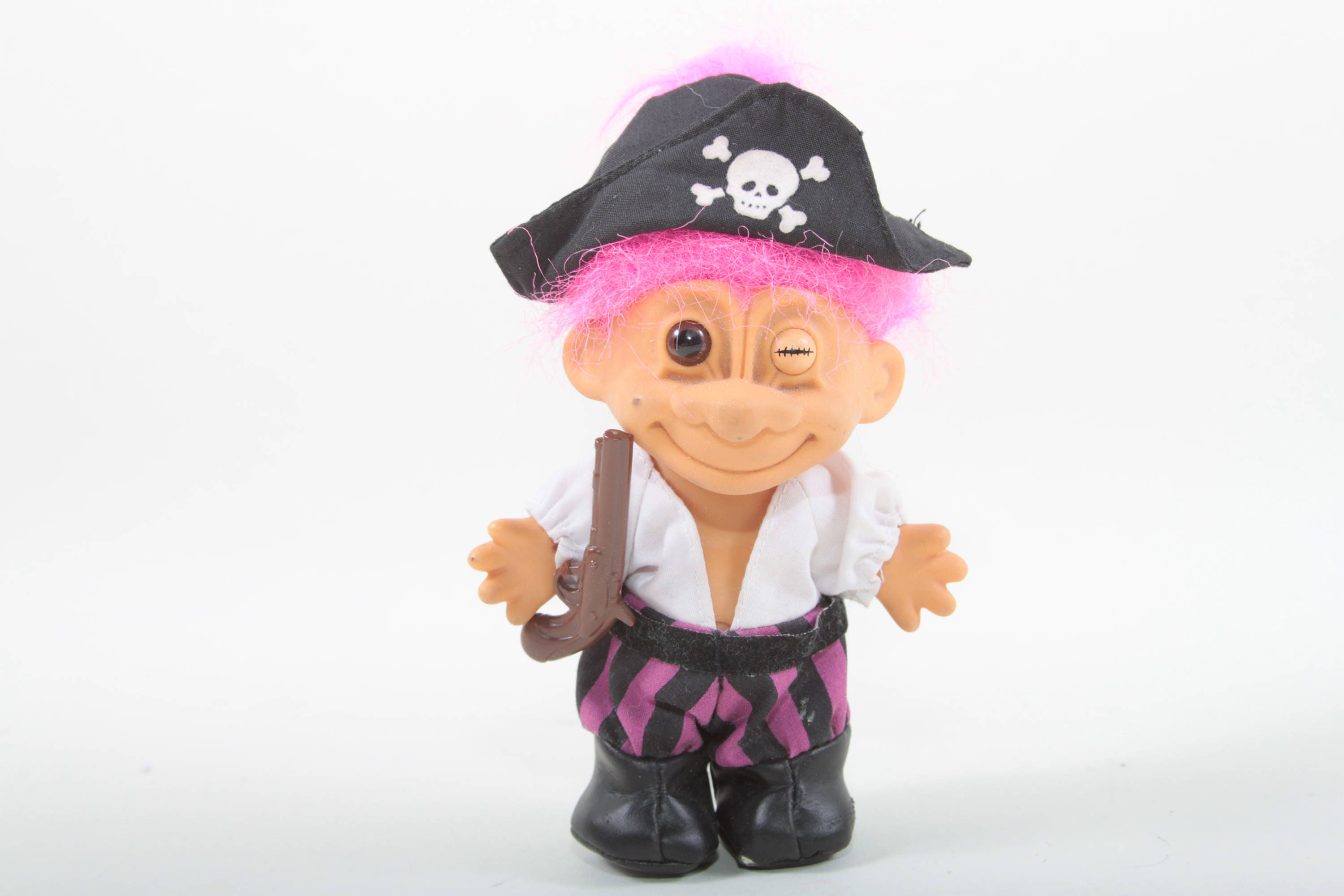 Russ Pirate Troll Pink Hair One Eyed Dressed Skull Hat Good Luck Troll Plastic Figure Vintage Retro Toy The Pink Room 20 01 517