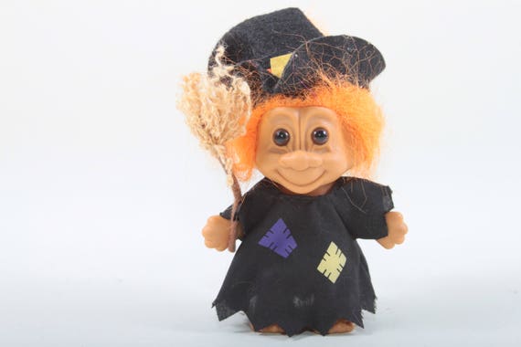 Russ Witch Troll Orange Hair Dressed Costume Broom Halloween Good Luck Troll Vintage Toy Plastic Figure The Pink Room 170924