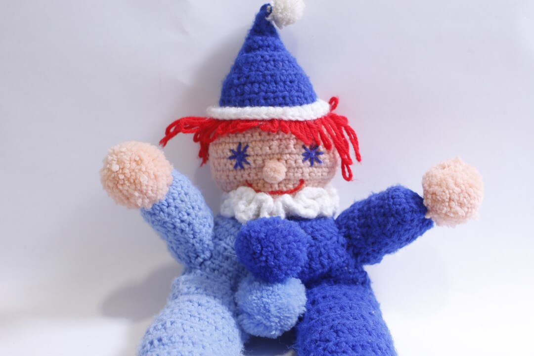 Vintage Hand Made Clown Rag Doll Crochet Blue Red Hair Etsy