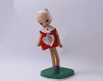 Bradley Mod Little, Dressed, Doll, 8 1/2", Fabric, White Hat, White Red Dress, White Heart, Green Stand, Toy, Vintage, Collectible ~ M-19-02