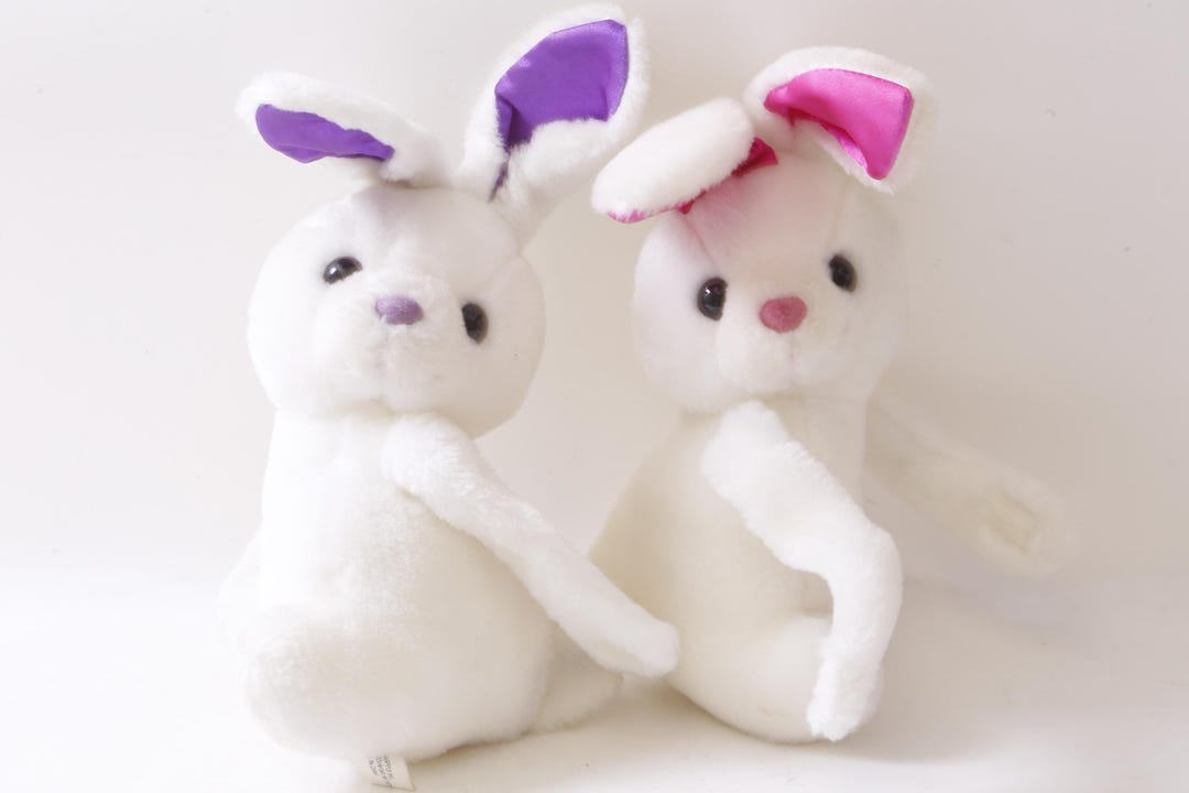 Two Plush White Hugging Rabbits With Purple and Pink Ears, Soft Toy ...