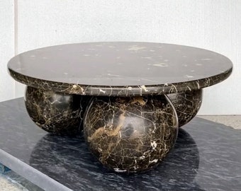Unique Black Marble Coffee Table In Postmodern Style, Round Coffee Table With Triple Sphere Base Crafted From Solid High Quality Marble
