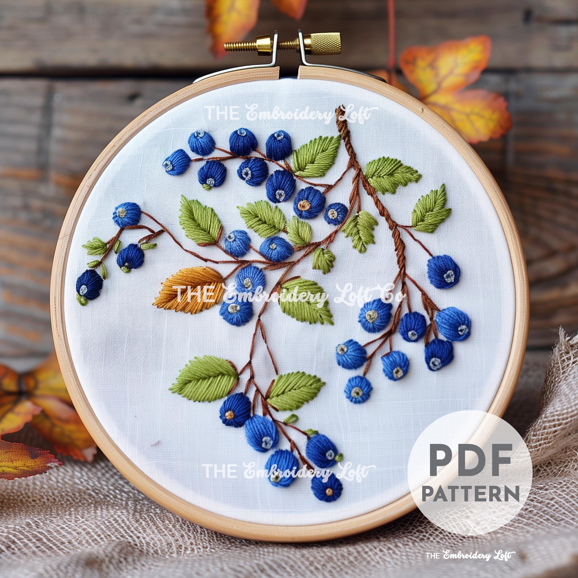 ブルーベリーの手刺繍パターン、ブルーベリーのパターン、ベリーの刺繍、フルーツのパターン、手刺繍、手刺繍PDF、初心者向け