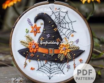 Floral Witch Hat Hand Embroidery Pattern, Autumn Embroidery Pattern, Halloween Pattern, Witchy Design, Hand Embroidery, Hand Embroidery PDF