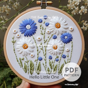 Hello Little One Hand Embroidery Pattern, Blue Flowers Embroidery Pattern, Nursery Embroidery Pattern, Hand Embroidery Pattern PDF, Beginner