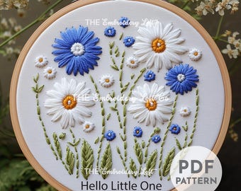 Hello Little One Hand Embroidery Pattern, Blue Flowers Embroidery Pattern, Nursery Embroidery Pattern, Hand Embroidery Pattern PDF, Beginner