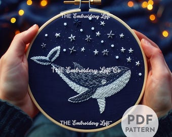 天空のクジラの手刺繍パターン、星とシロナガスクジラ、かわいいクジラ