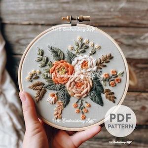 夏のバラの手刺繍パターン、バラのパターン、花柄、花束の刺繍、手刺繍パターン PDF、初心者向け刺繍