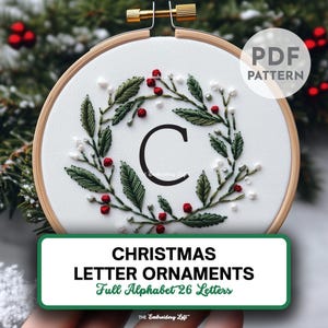 Adorno navideño con bordado inicial personalizado, regalo de bordado con monograma, paquete completo de alfabeto, patrón de bordado a mano en PDF, para principiantes