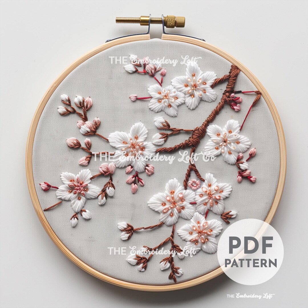 桜の手刺繍パターン、桜の模様、桜の木、花柄、桜の花、手刺繍PDF
