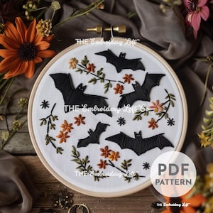 Floral Bats Hand Embroidery Pattern, Halloween Embroidery Pattern, Bats Embroidery Pattern, Hand Embroidery Pattern PDF, Beginner Embroidery