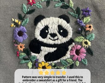 パンダの手刺繍パターン、花柄パンダ、かわいいパンダのデザイン