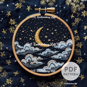 Lunar Night Hand Embroidery Pattern, Mystical Crescent Moon Pattern, Floral Moon, Cloud Pattern, Hand Embroidery Pattern PDF, Beginner